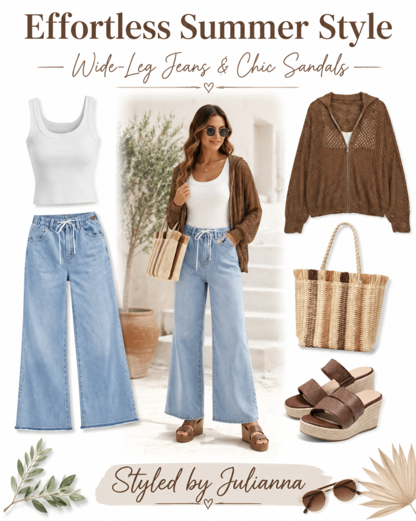 Effortless Summer Style with Wide-Leg Jeans and Chic Sandals 154
